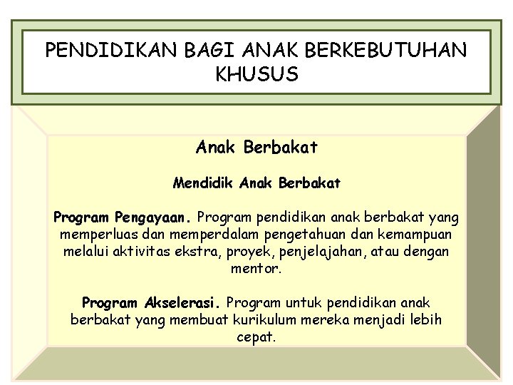 PENDIDIKAN BAGI ANAK BERKEBUTUHAN KHUSUS Anak Berbakat Mendidik Anak Berbakat Program Pengayaan. Program pendidikan