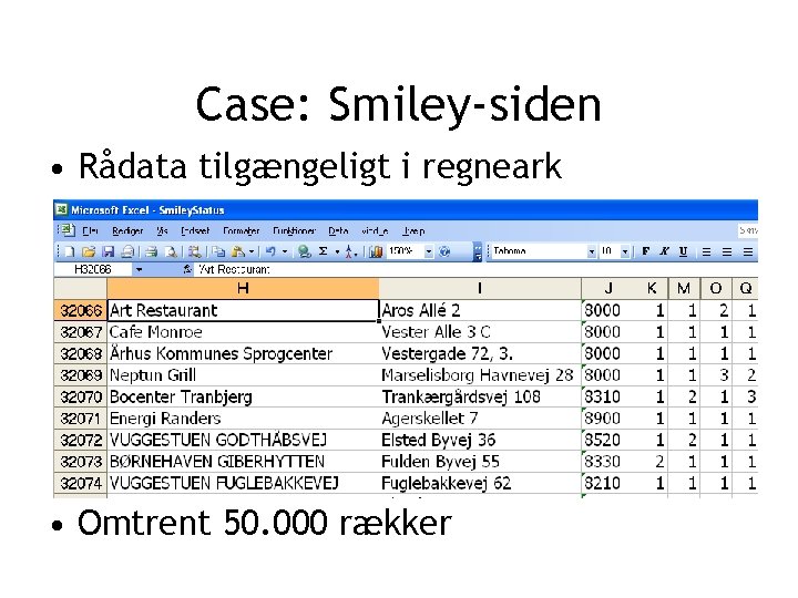 Case: Smiley-siden • Rådata tilgængeligt i regneark • Omtrent 50. 000 rækker 