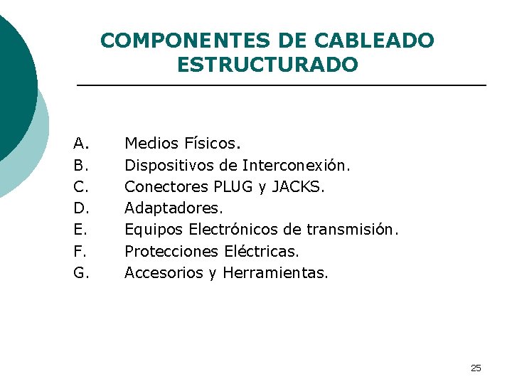 COMPONENTES DE CABLEADO ESTRUCTURADO A. B. C. D. E. F. G. Medios Físicos. Dispositivos