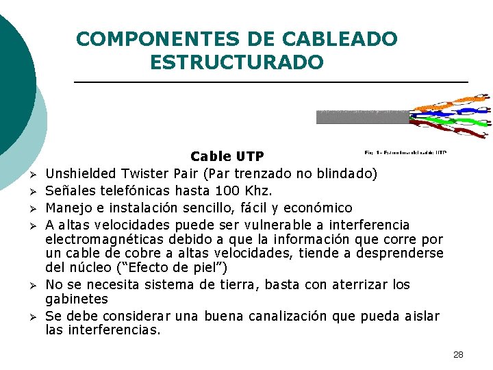 COMPONENTES DE CABLEADO ESTRUCTURADO Ø Ø Ø Cable UTP Unshielded Twister Pair (Par trenzado