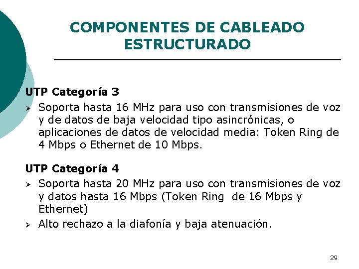COMPONENTES DE CABLEADO ESTRUCTURADO UTP Categoría 3 Ø Soporta hasta 16 MHz para uso
