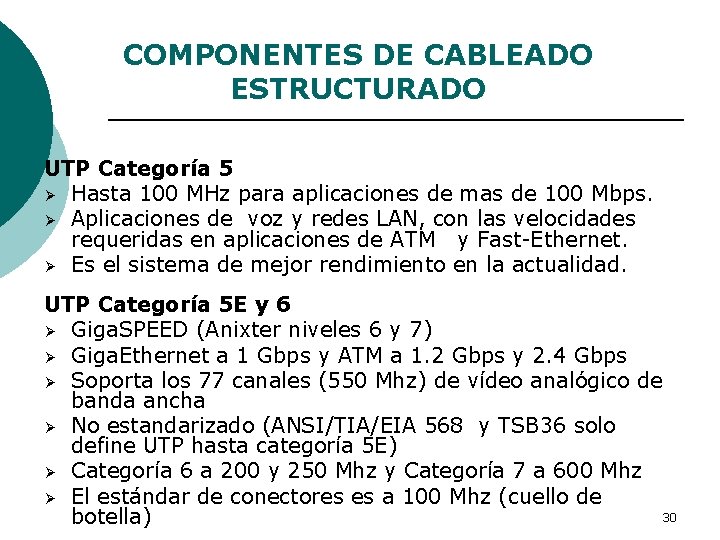 COMPONENTES DE CABLEADO ESTRUCTURADO UTP Categoría 5 Ø Hasta 100 MHz para aplicaciones de