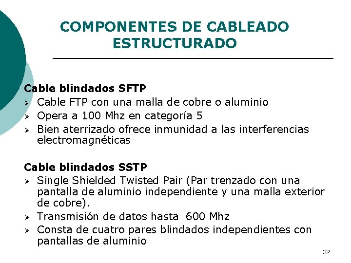 COMPONENTES DE CABLEADO ESTRUCTURADO Cable blindados SFTP Ø Cable FTP con una malla de