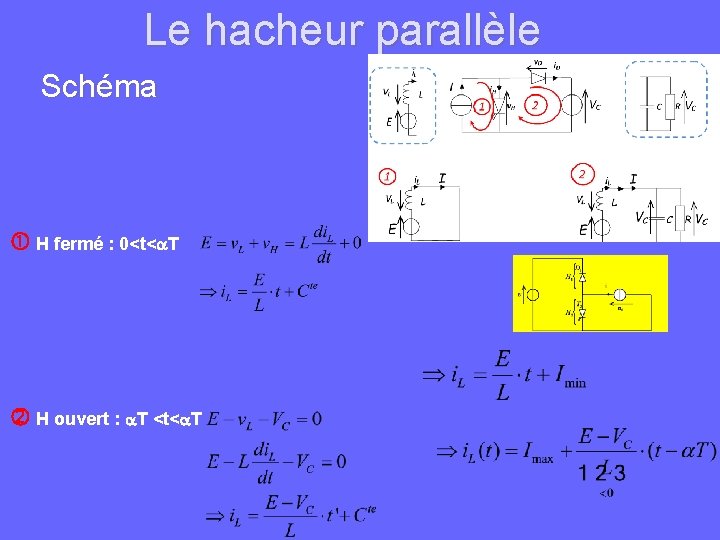 Le hacheur parallèle Schéma H fermé : 0<t< T H ouvert : T <t<