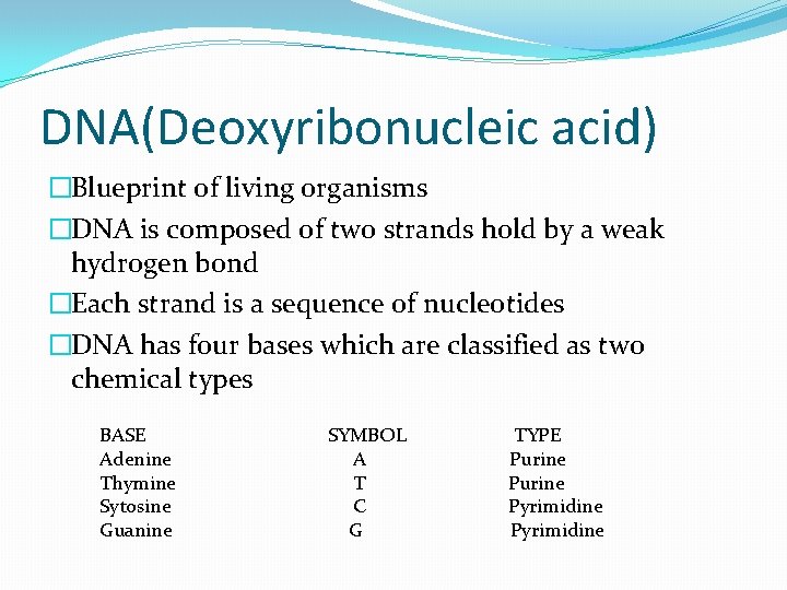 DNA(Deoxyribonucleic acid) �Blueprint of living organisms �DNA is composed of two strands hold by