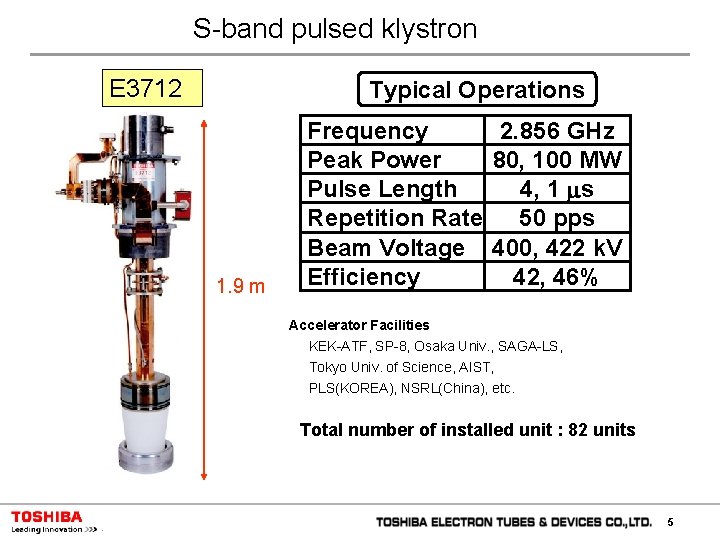 S-band pulsed klystron E 3712 Typical Operations 1. 9 m Frequency 2. 856 GHz