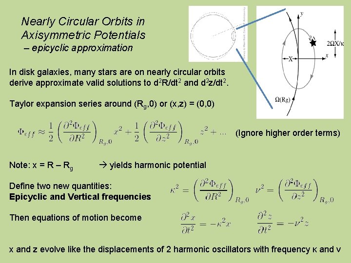 Nearly Circular Orbits in Axisymmetric Potentials – epicyclic approximation In disk galaxies, many stars