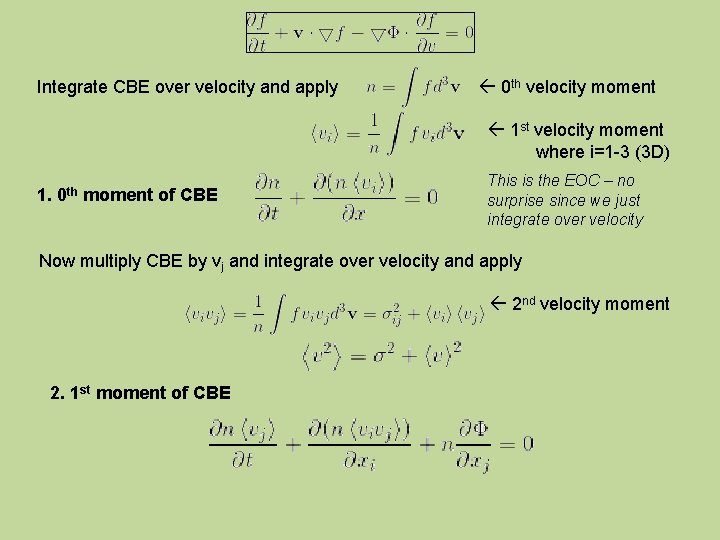 Integrate CBE over velocity and apply 0 th velocity moment 1 st velocity moment