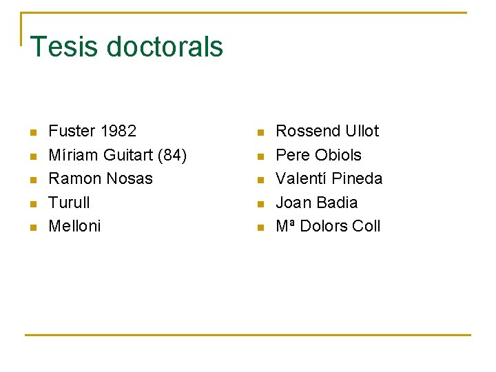 Tesis doctorals n n n Fuster 1982 Míriam Guitart (84) Ramon Nosas Turull Melloni