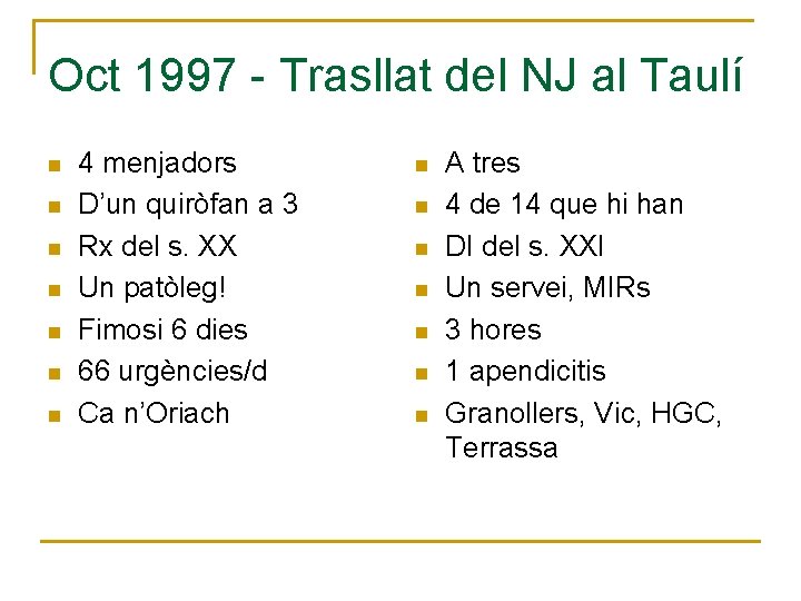 Oct 1997 - Trasllat del NJ al Taulí n n n n 4 menjadors