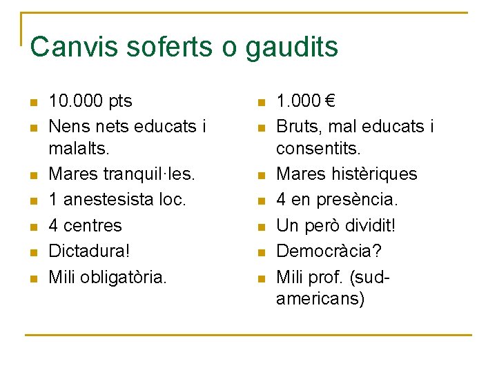 Canvis soferts o gaudits n n n n 10. 000 pts Nens nets educats