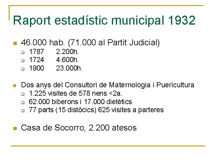 Raport estadístic municipal 1932 n 46. 000 hab. (71. 000 al Partit Judicial) q