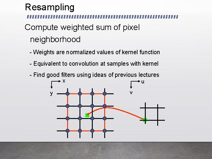 Resampling Compute weighted sum of pixel neighborhood - Weights are normalized values of kernel