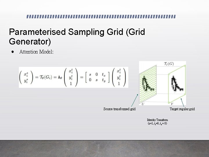 Parameterised Sampling Grid (Grid Generator) ● Attention Model: Source transformed grid Target regular grid