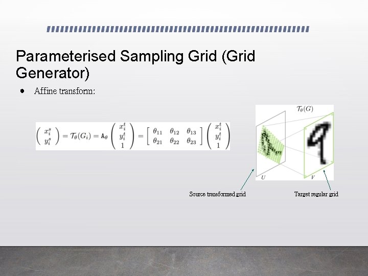 Parameterised Sampling Grid (Grid Generator) ● Affine transform: Source transformed grid Target regular grid