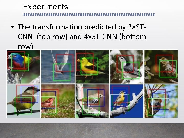 Experiments • The transformation predicted by 2×STCNN (top row) and 4×ST-CNN (bottom row) 