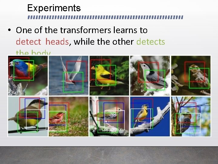 Experiments • One of the transformers learns to detect heads, while the other detects