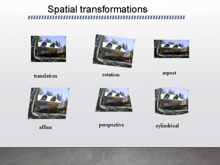 Spatial transformations translation rotation affine perspective aspect cylindrical 