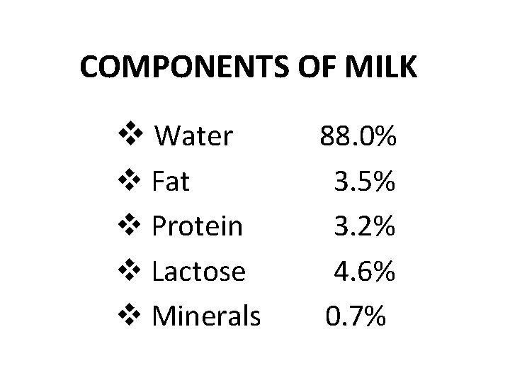 COMPONENTS OF MILK v Water v Fat v Protein v Lactose v Minerals 88.