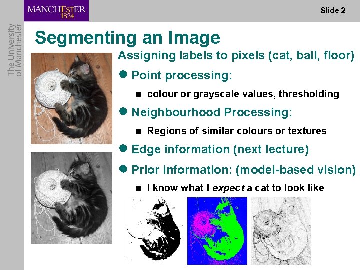 Slide 2 Segmenting an Image Assigning labels to pixels (cat, ball, floor) ● Point