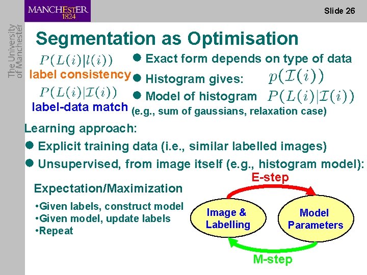 Slide 26 Segmentation as Optimisation ● Exact form depends on type of data label