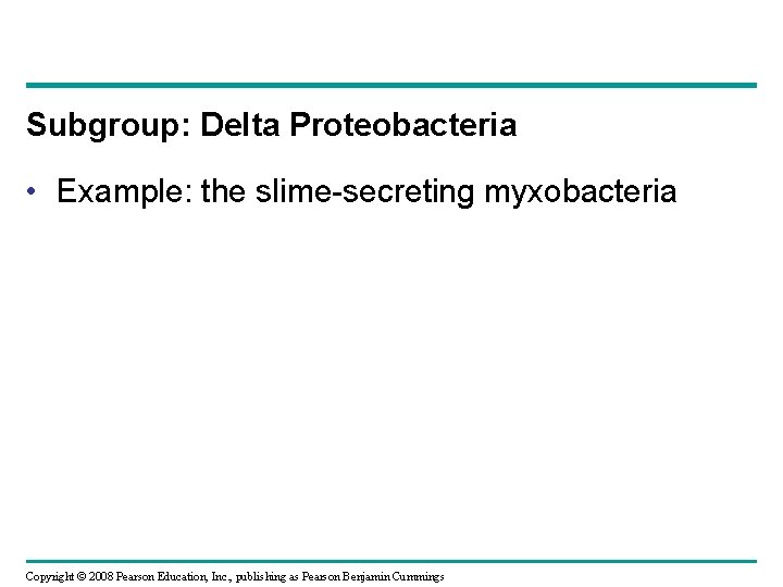 Subgroup: Delta Proteobacteria • Example: the slime-secreting myxobacteria Copyright © 2008 Pearson Education, Inc.