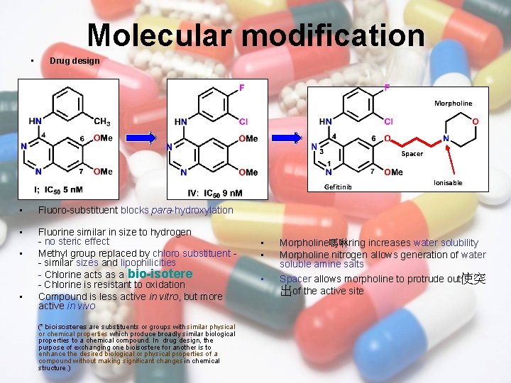 Molecular modification • Drug design Morpholine Spacer Gefitinib • Fluoro-substituent blocks para-hydroxylation • Fluorine