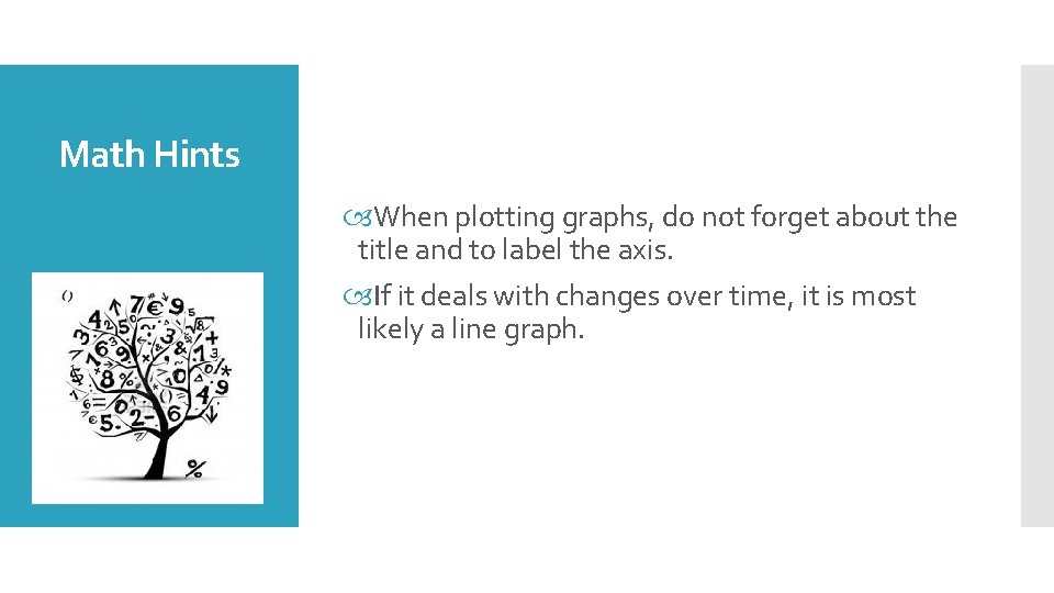 Math Hints When plotting graphs, do not forget about the title and to label