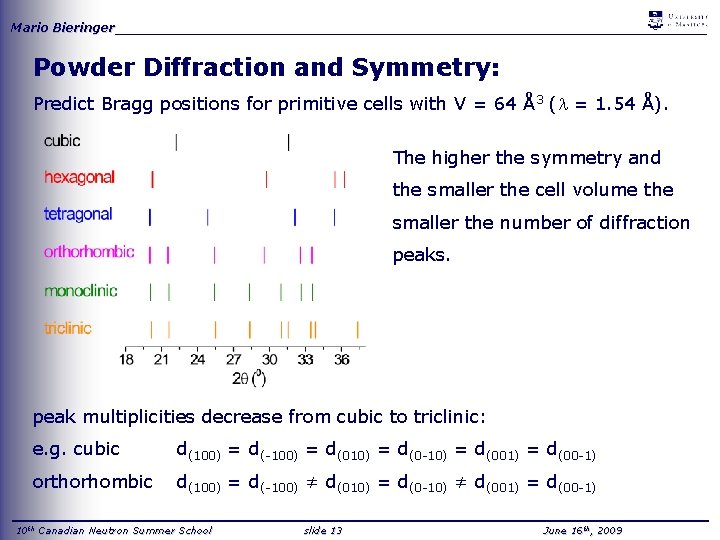 Mario Bieringer_____________________________________ Powder Diffraction and Symmetry: Predict Bragg positions for primitive cells with V