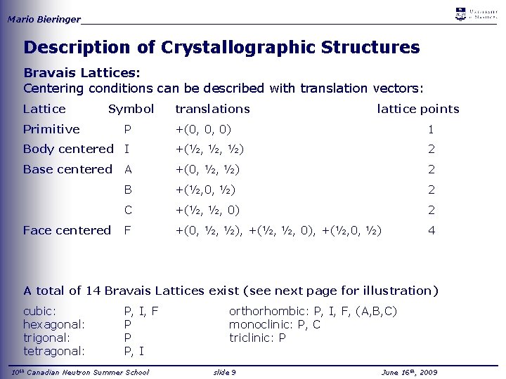 Mario Bieringer_____________________________________ Description of Crystallographic Structures Bravais Lattices: Centering conditions can be described with