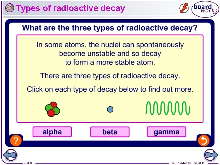 Types of radioactive decay 9 of 40 © Boardworks Ltd 2007 
