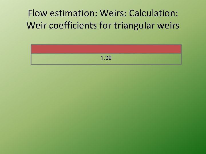 Flow estimation: Weirs: Calculation: Weir coefficients for triangular weirs 1. 39 