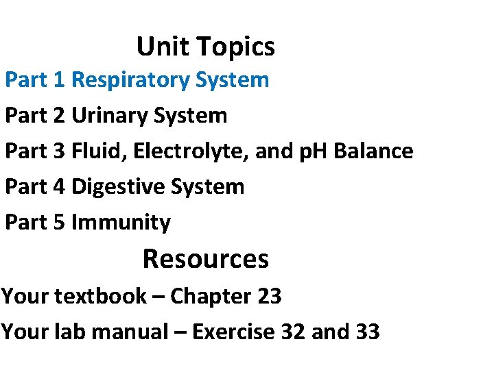 Unit Topics Part 1 Respiratory System Part 2 Urinary System Part 3 Fluid, Electrolyte,