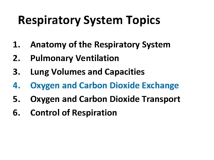 Respiratory System Topics 1. 2. 3. 4. 5. 6. Anatomy of the Respiratory System