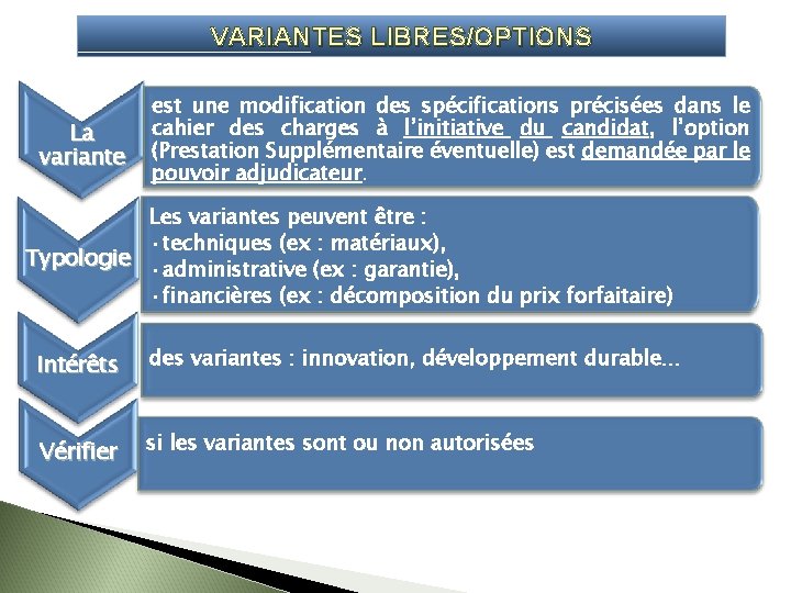 VARIANTES LIBRES/OPTIONS La variante est une modification des spécifications précisées dans le cahier des