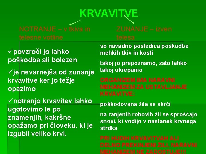 KRVAVITVE NOTRANJE – v tkiva in telesne votline üpovzroči jo lahko poškodba ali bolezen