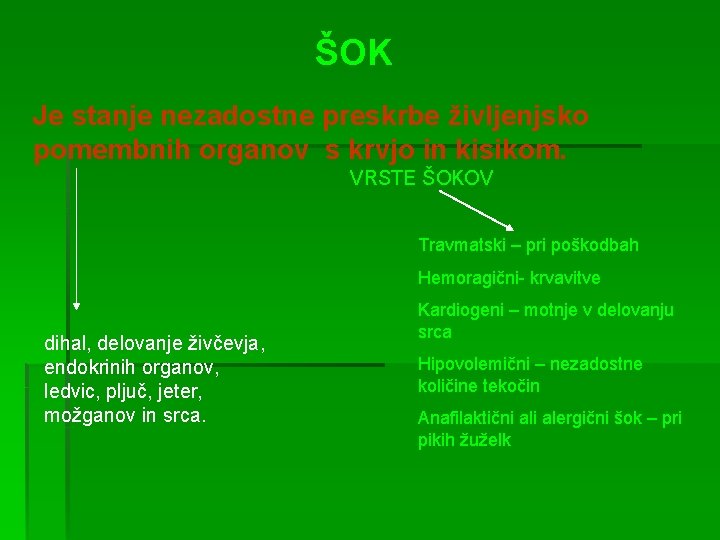ŠOK Je stanje nezadostne preskrbe življenjsko pomembnih organov s krvjo in kisikom. VRSTE ŠOKOV