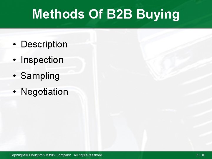 Methods Of B 2 B Buying • Description • Inspection • Sampling • Negotiation