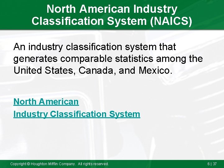 North American Industry Classification System (NAICS) An industry classification system that generates comparable statistics