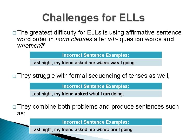 Challenges for ELLs � The greatest difficulty for ELLs is using affirmative sentence word