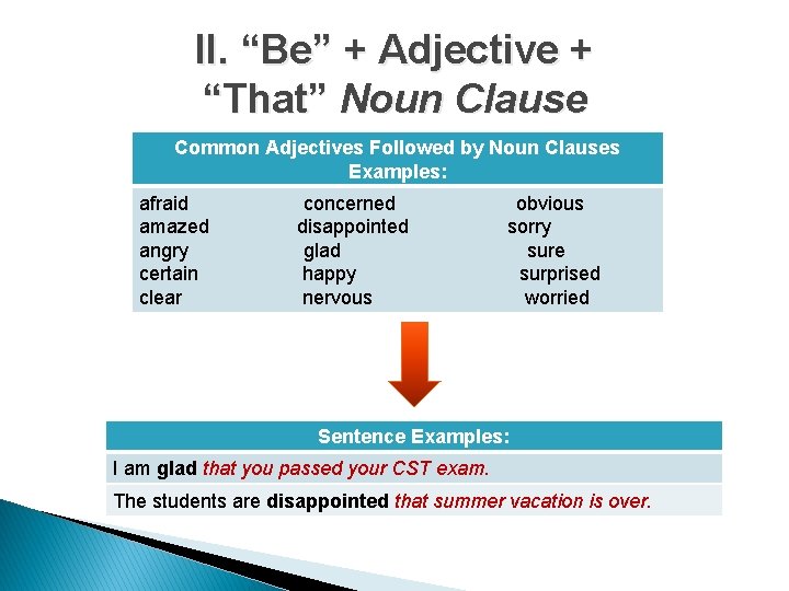 II. “Be” + Adjective + “That” Noun Clause Common Adjectives Followed by Noun Clauses
