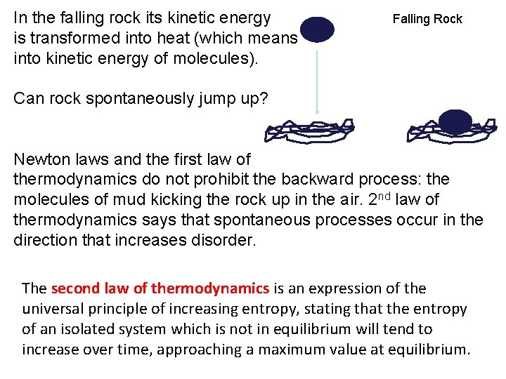 In the falling rock its kinetic energy is transformed into heat (which means into