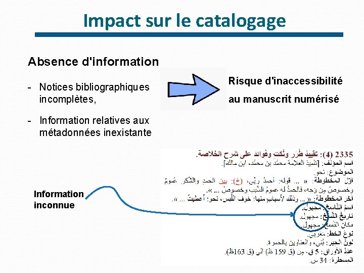 Impact sur le catalogage Absence d'information - Notices bibliographiques incomplètes, - Information relatives aux