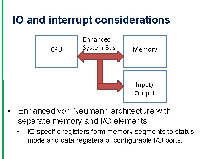 IO and interrupt considerations CPU Enhanced System Bus Memory Input/ Output • Enhanced von
