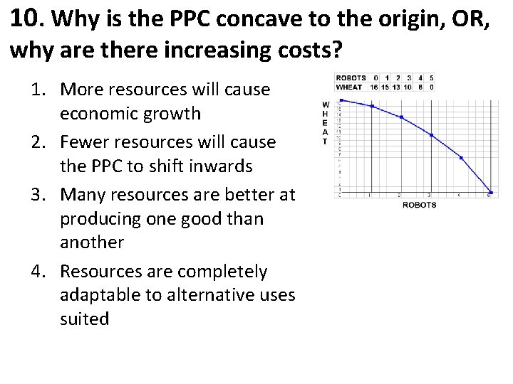 10. Why is the PPC concave to the origin, OR, why are there increasing