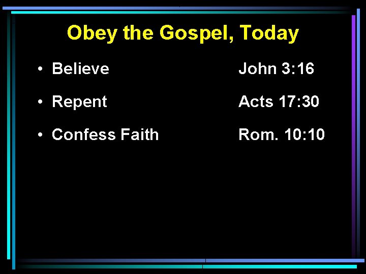 Obey the Gospel, Today • Believe John 3: 16 • Repent Acts 17: 30