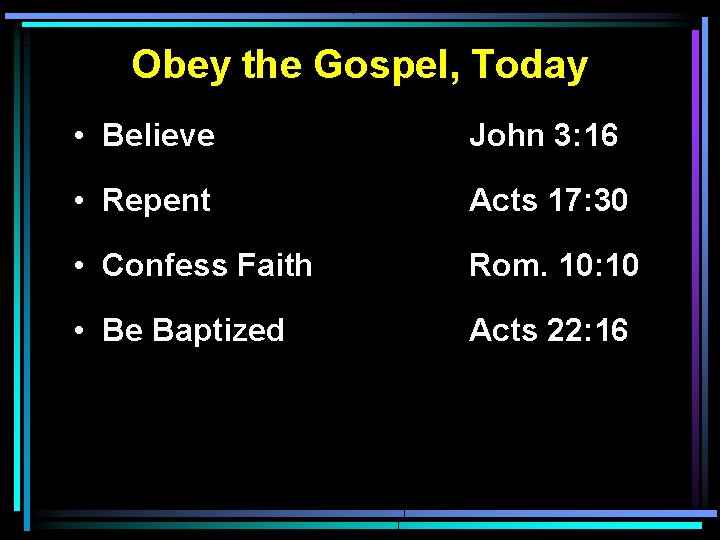 Obey the Gospel, Today • Believe John 3: 16 • Repent Acts 17: 30