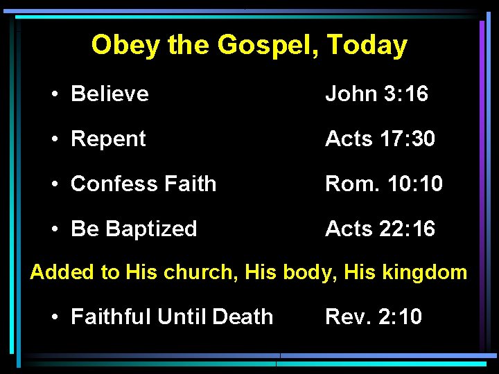 Obey the Gospel, Today • Believe John 3: 16 • Repent Acts 17: 30