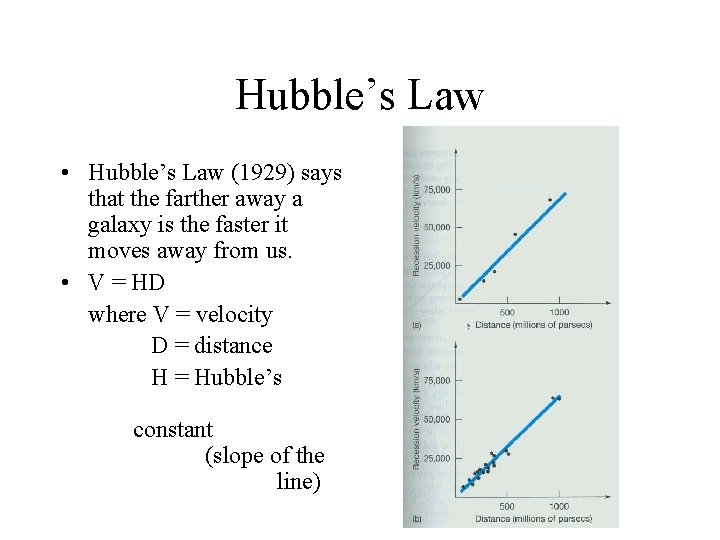 Hubble’s Law • Hubble’s Law (1929) says that the farther away a galaxy is