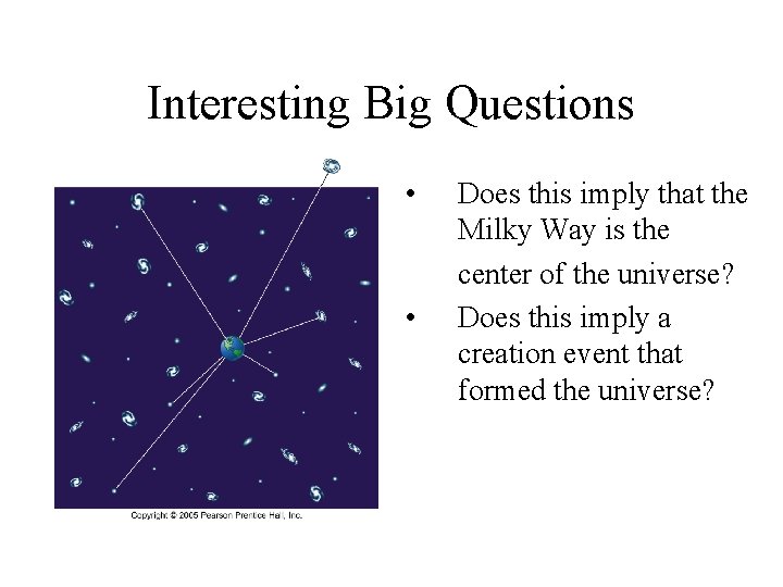 Interesting Big Questions • • Does this imply that the Milky Way is the